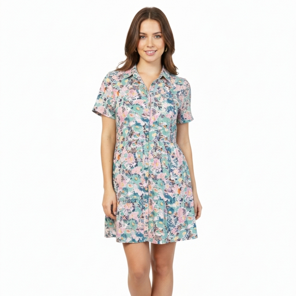 Lili Sidonio Floral Print Short Sleeve Button Front Dress Size Medium Colorful‎